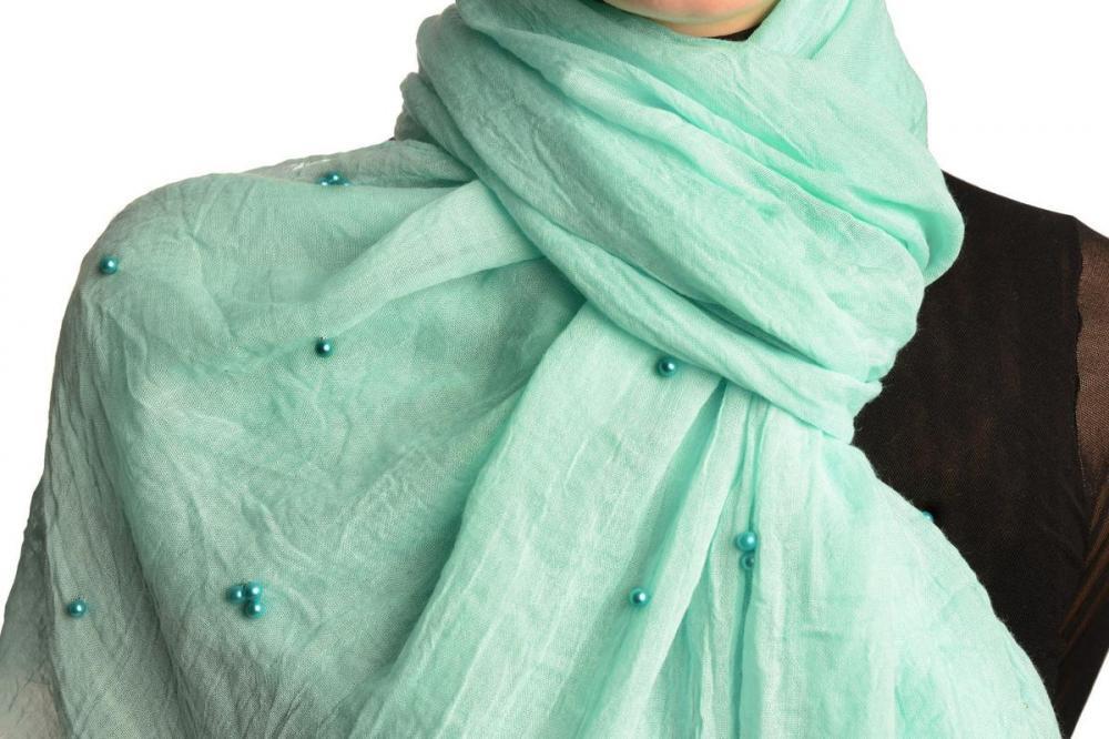 Liss Kiss Mint Green Beaded Crinkled Scarf - Scarf