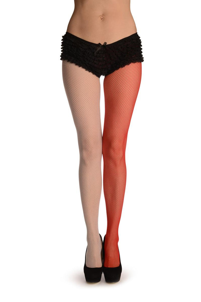 liss kiss One Leg White & One Leg Red Fishnet - Tights