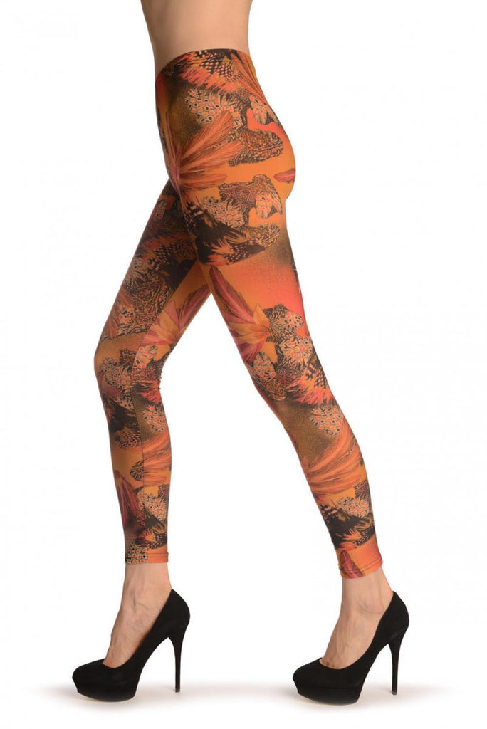 Liss Kiss Pink & Orange Feathers - Leggings