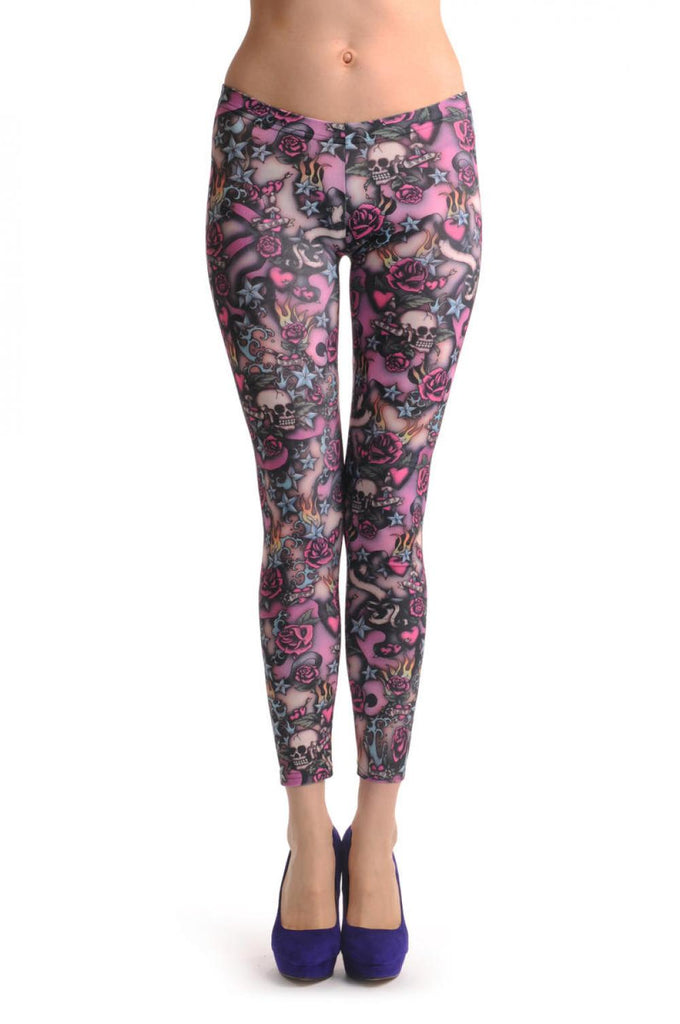 Liss Kiss Pink Skulls & Roses - Leggings