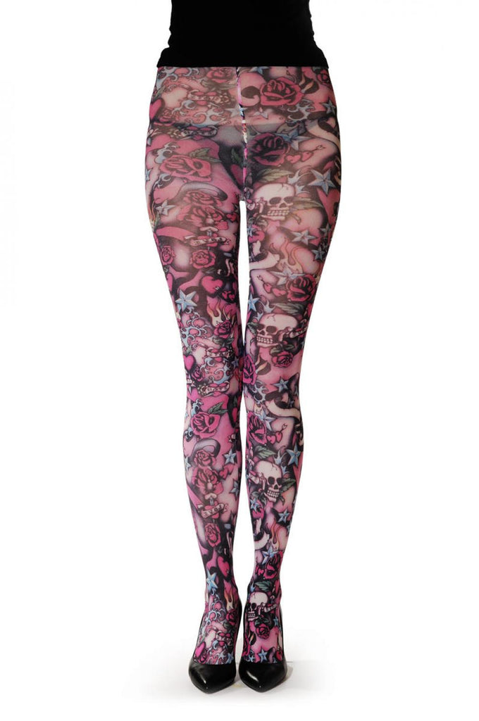 Liss Kiss Pink Skulls & Roses - Tights