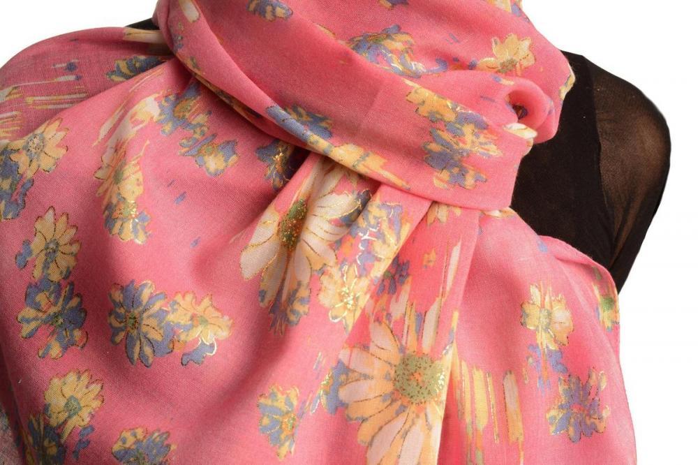 Liss Kiss Pink With Gold Trim Daisies Scarf - Scarf