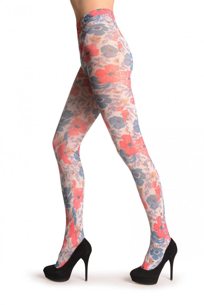 Liss Kiss Red & Blue Poppy Flowers - Tights