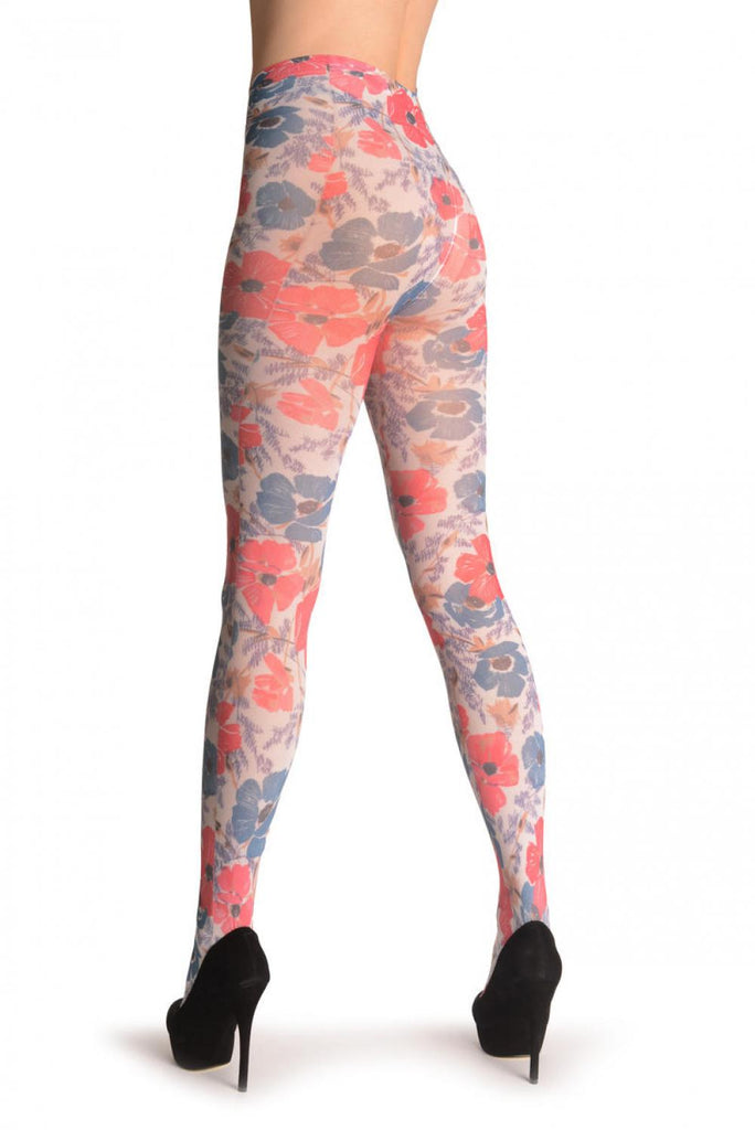 Liss Kiss Red & Blue Poppy Flowers - Tights