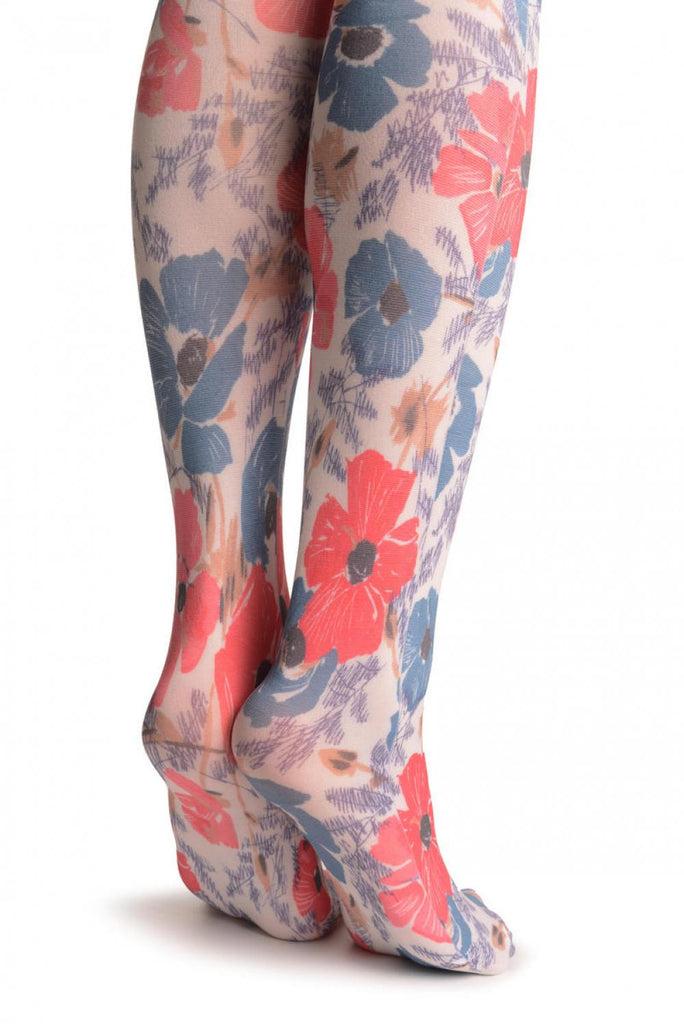 Liss Kiss Red & Blue Poppy Flowers - Tights