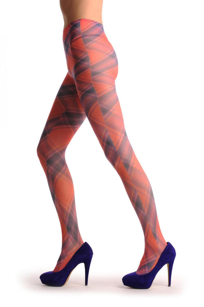Liss Kiss Red Checkered Diagonal Print - Tights