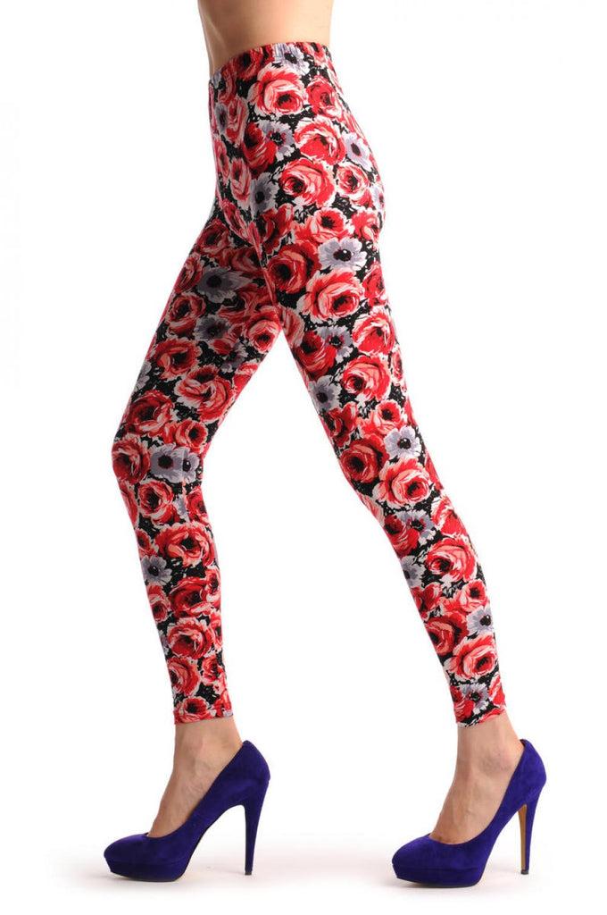 Liss Kiss Red & Grey Flowers - Leggings