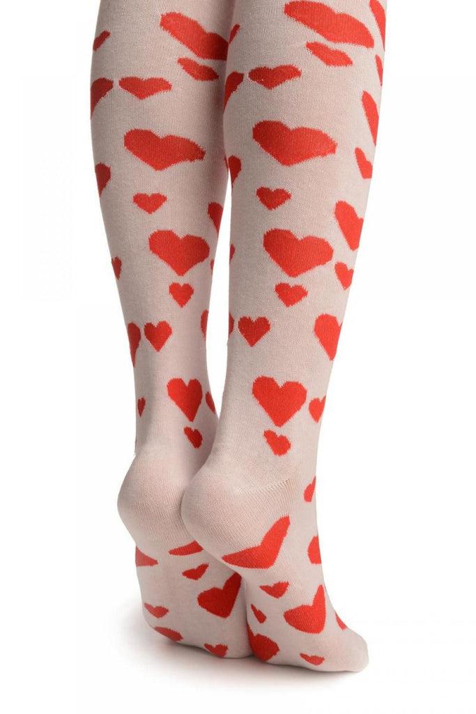 Liss Kiss Red Hearts On White - Over The Knee Socks