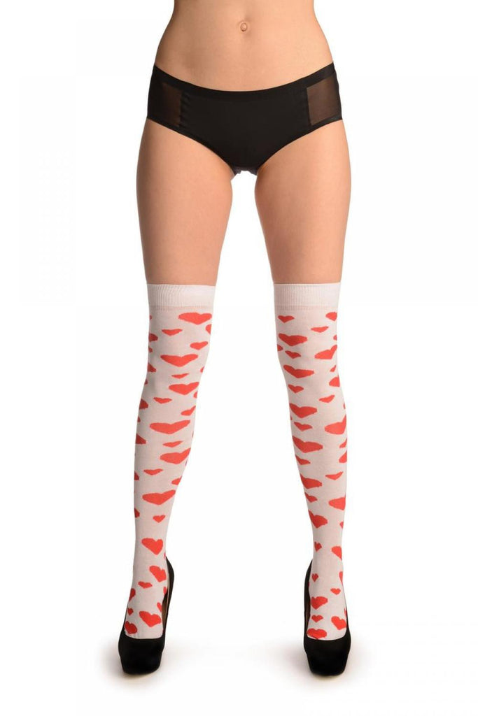 Liss Kiss Red Hearts On White - Over The Knee Socks