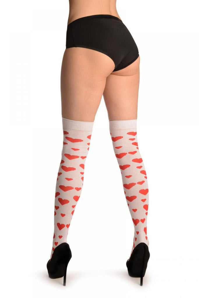 Liss Kiss Red Hearts On White - Over The Knee Socks