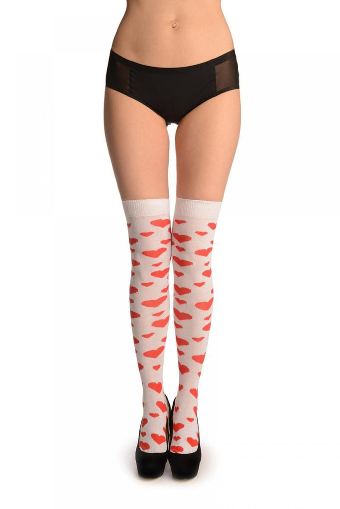 liss kiss Red Hearts On White - Over The Knee Socks