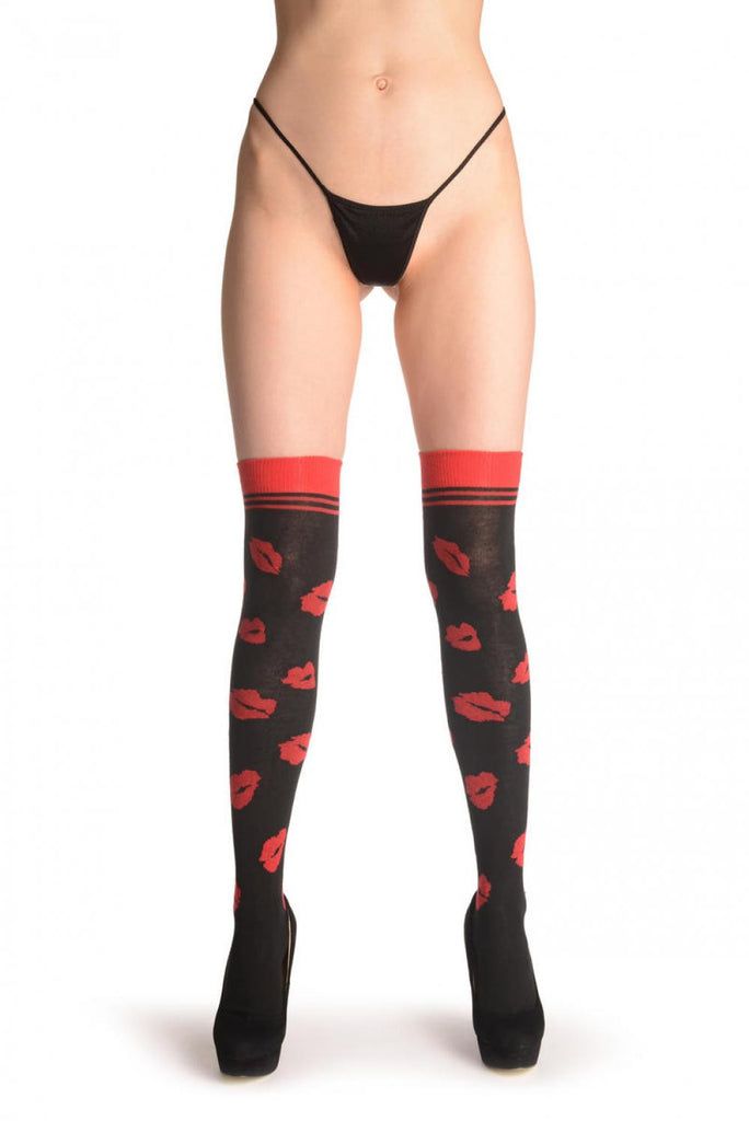 Liss Kiss Red Lips On Black - Over The Knee Socks