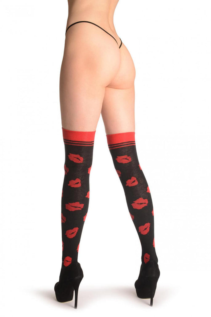 Liss Kiss Red Lips On Black - Over The Knee Socks