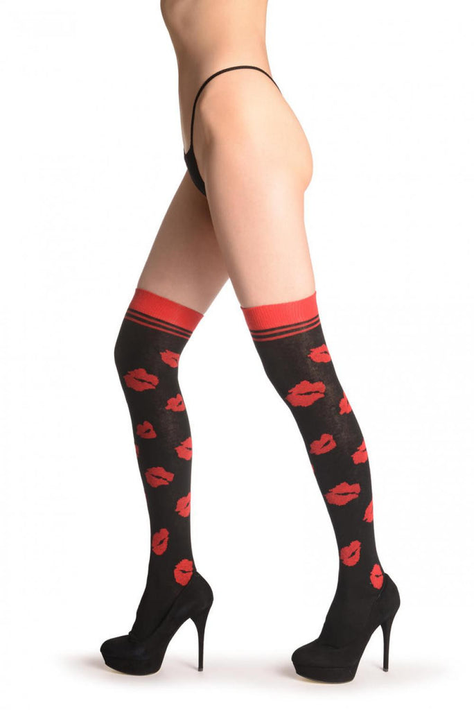 Liss Kiss Red Lips On Black - Over The Knee Socks