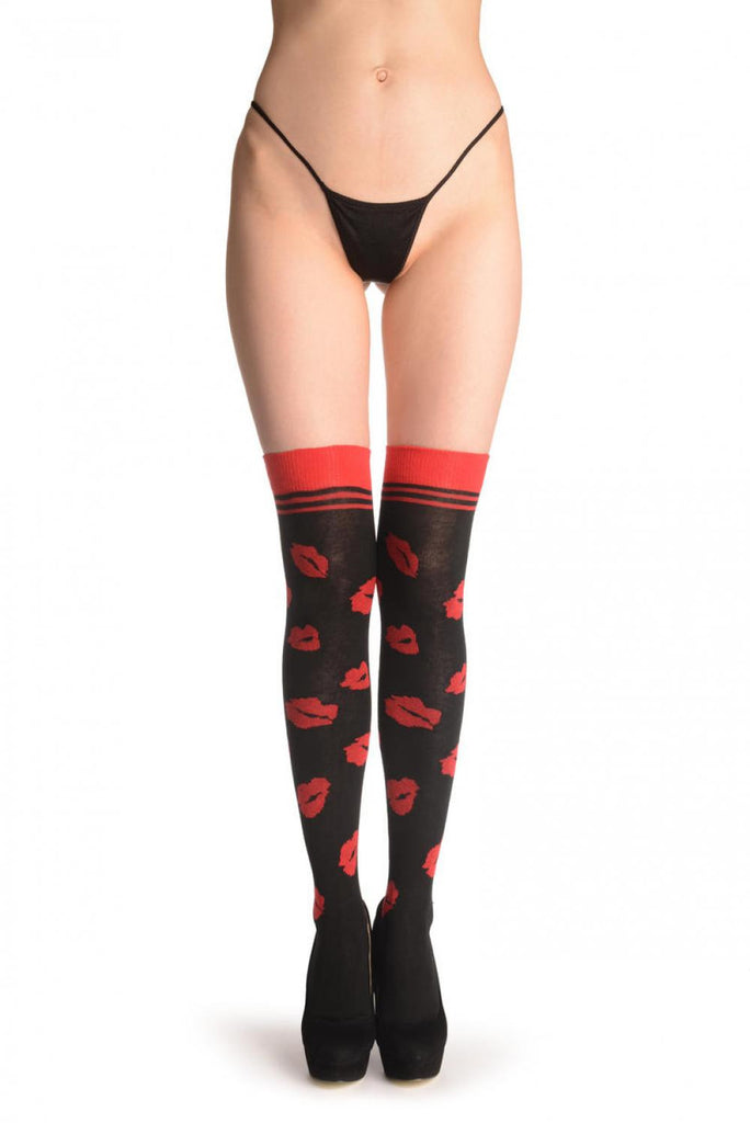 Liss Kiss Red Lips On Black - Over The Knee Socks