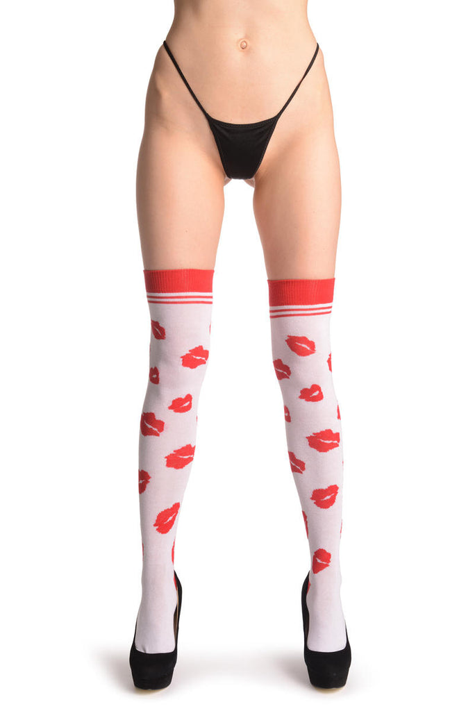 Liss Kiss Red Lips On White - Over The Knee Socks