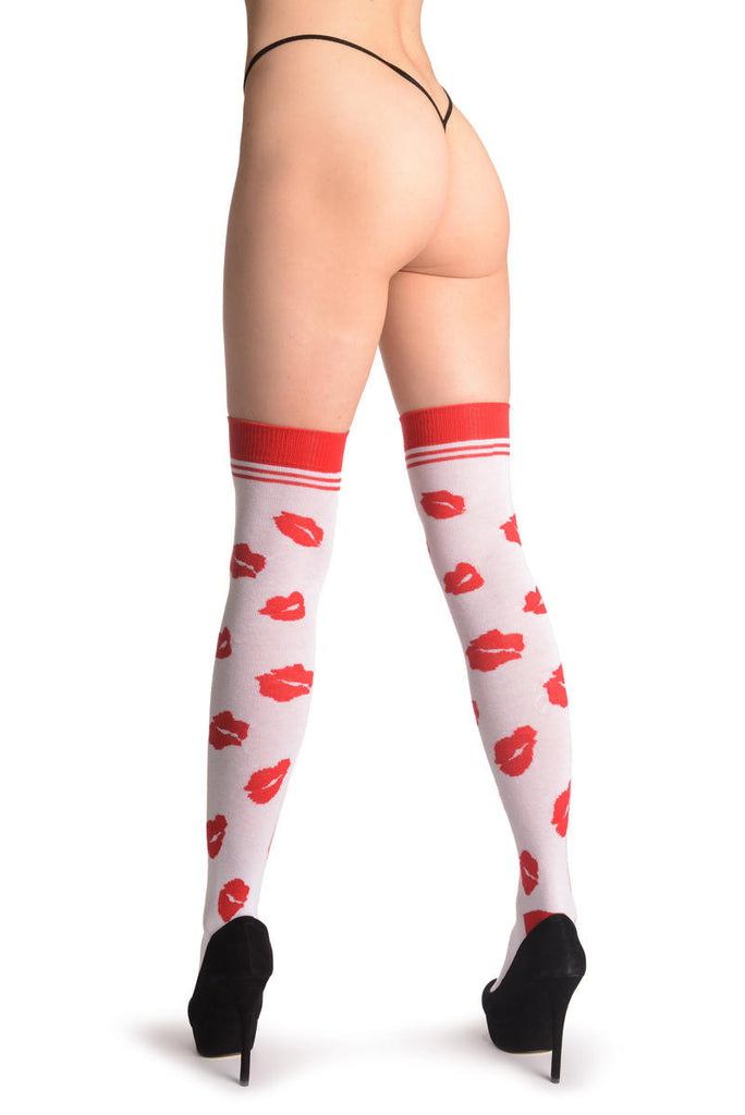 Liss Kiss Red Lips On White - Over The Knee Socks