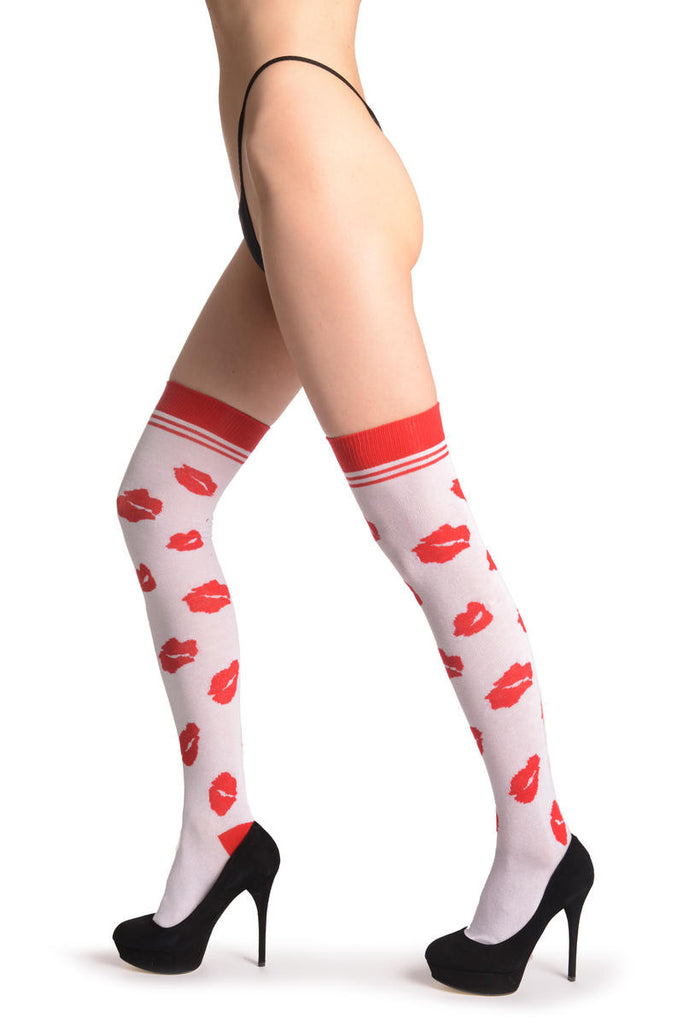 Liss Kiss Red Lips On White - Over The Knee Socks