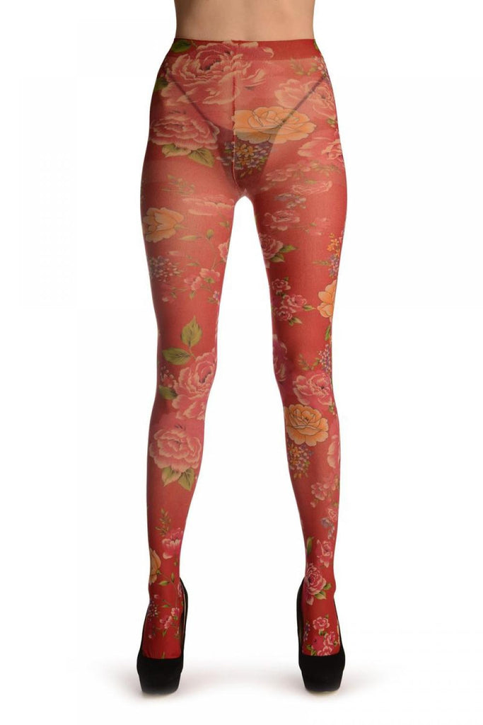 Liss Kiss Red With Large Red & Yellow Roses - Tights