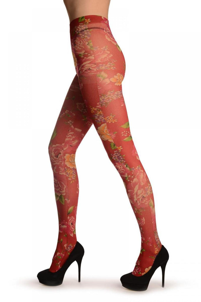 Liss Kiss Red With Large Red & Yellow Roses - Tights