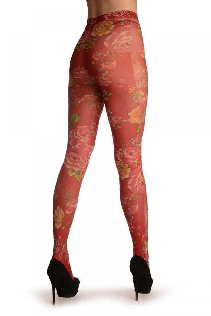 Liss Kiss Red With Large Red & Yellow Roses - Tights