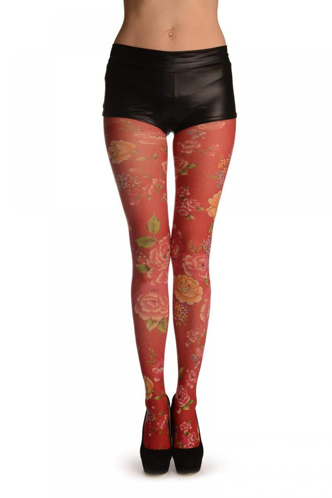 liss kiss Red With Large Red & Yellow Roses - Tights