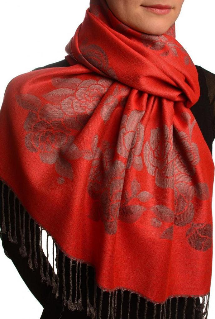 Liss Kiss Roses On Red Pashmina With Tassels - Scarf