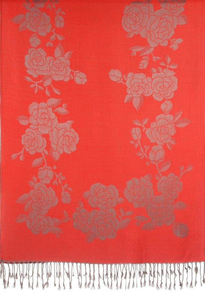 Liss Kiss Roses On Red Pashmina With Tassels - Scarf
