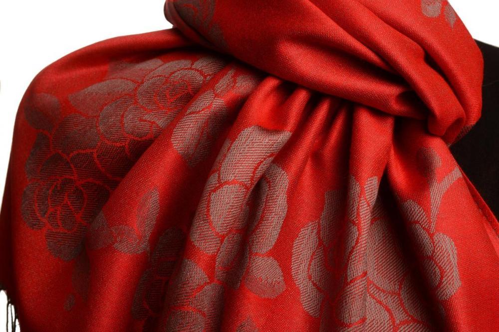 Liss Kiss Roses On Red Pashmina With Tassels - Scarf
