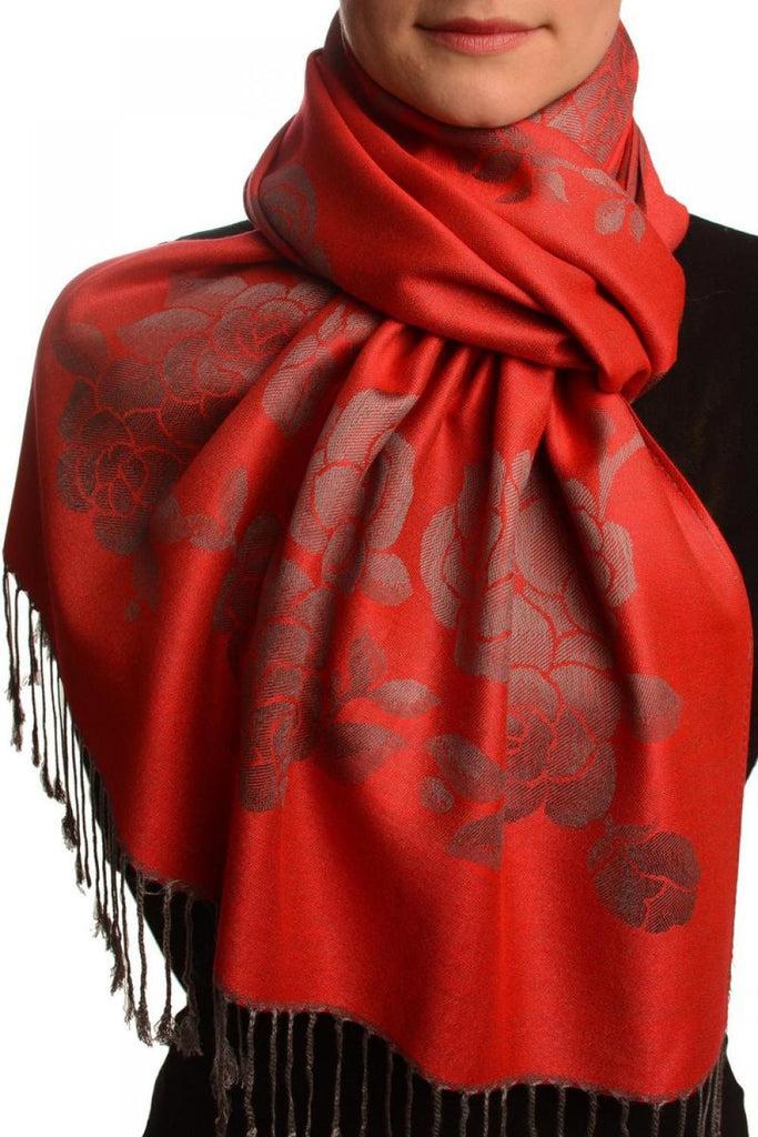 liss kiss Roses On Red Pashmina With Tassels - Scarf