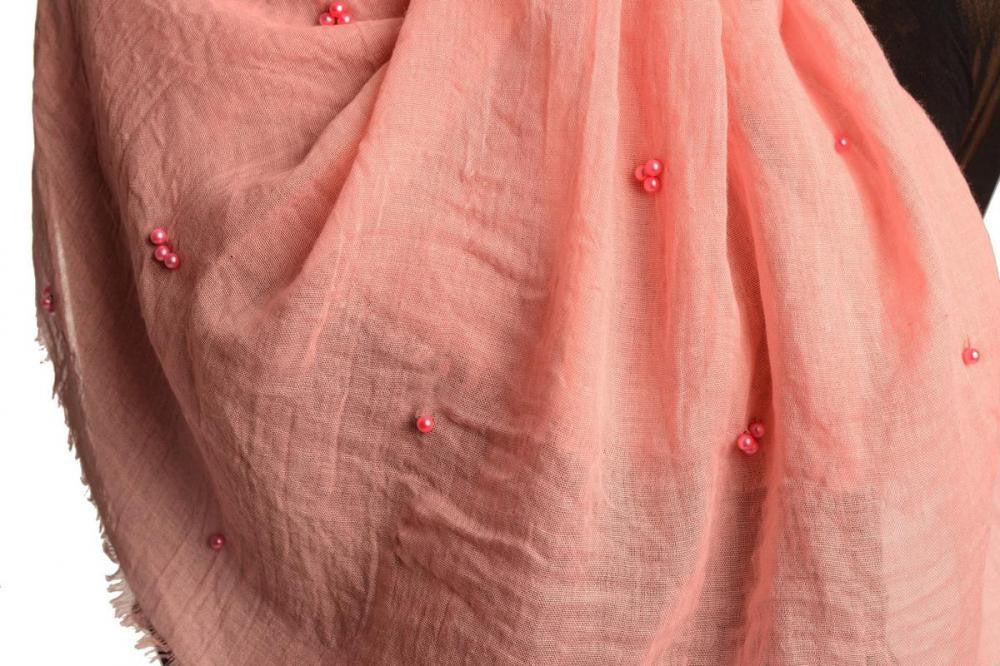 Liss Kiss Salmon Pink Beaded Crinkled Scarf - Scarf