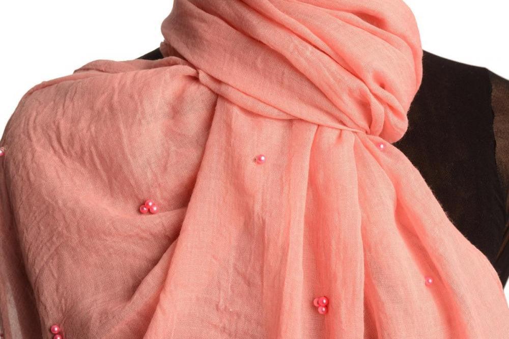 Liss Kiss Salmon Pink Beaded Crinkled Scarf - Scarf