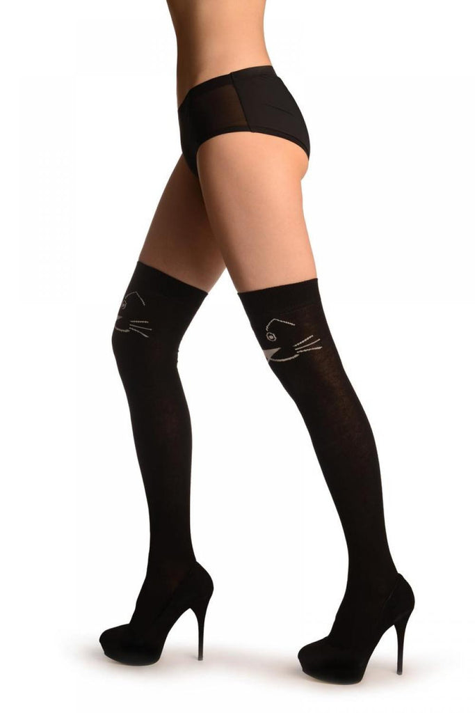 Liss Kiss Smiling Cat On Black - Over The Knee Socks