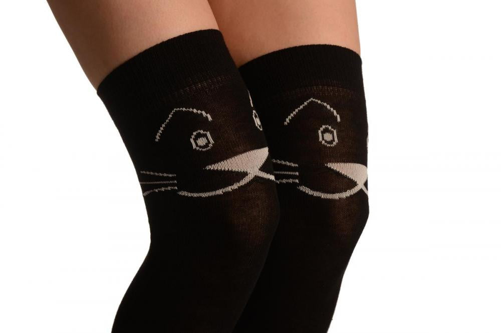 Liss Kiss Smiling Cat On Black - Over The Knee Socks