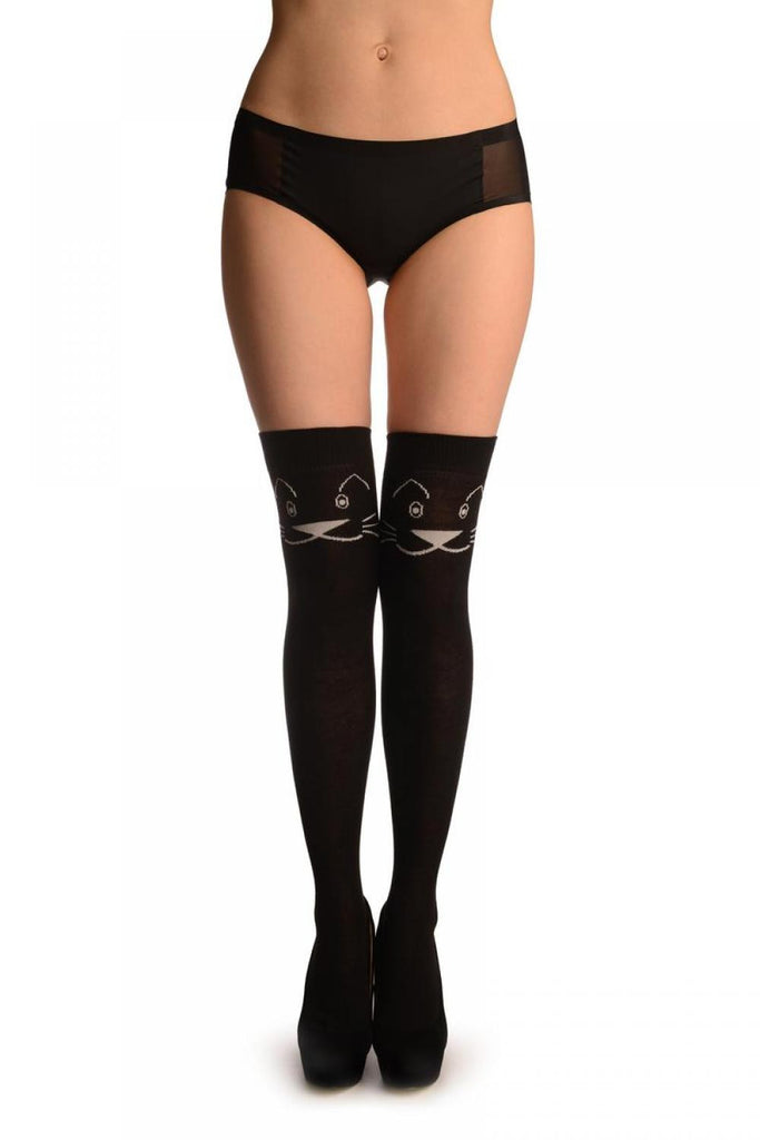 Liss Kiss Smiling Cat On Black - Over The Knee Socks