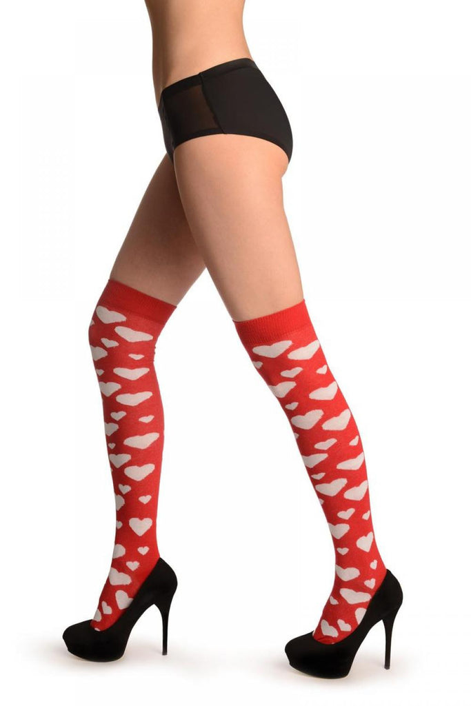 Liss Kiss White Hearts On Red - Over The Knee Socks
