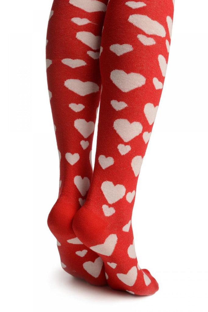 Liss Kiss White Hearts On Red - Over The Knee Socks
