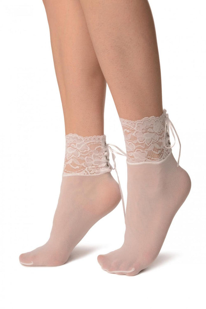 Liss Kiss White Opaque With Corset Back Lace - Socks