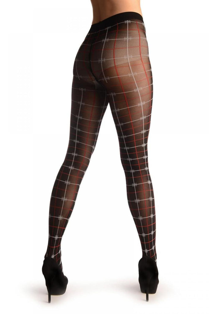 Liss Kiss White & Red Woven Grid On Black - Tights