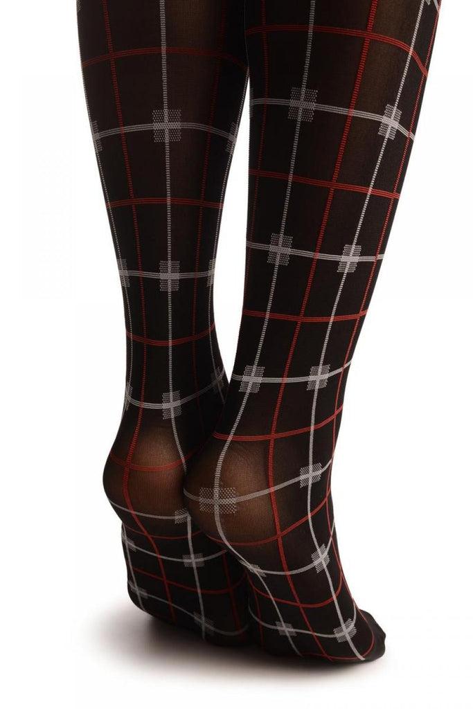 Liss Kiss White & Red Woven Grid On Black - Tights