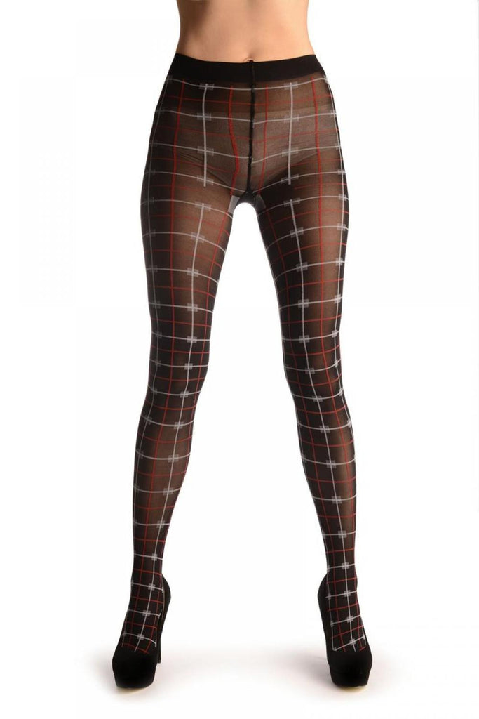 Liss Kiss White & Red Woven Grid On Black - Tights