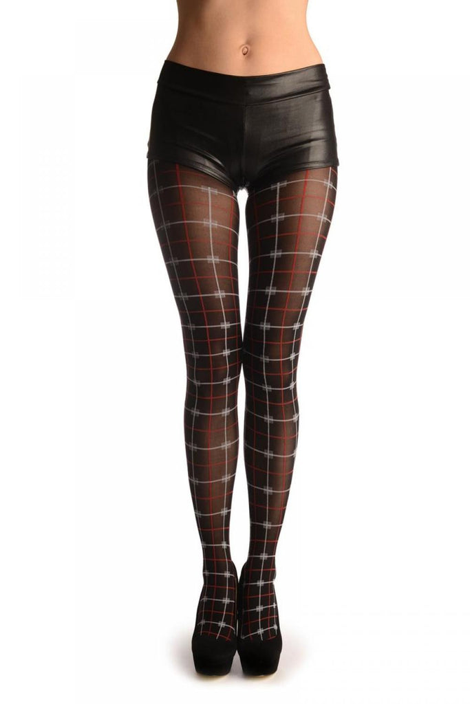 liss kiss White & Red Woven Grid On Black - Tights