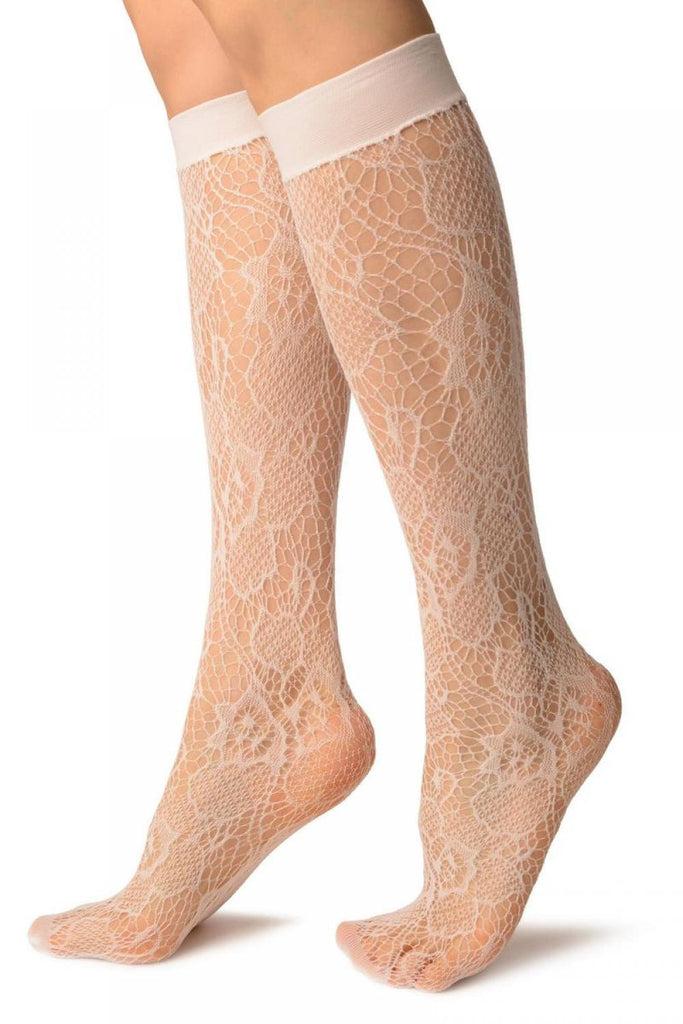 Liss Kiss White Roses Lace Socks Knee High - Socks