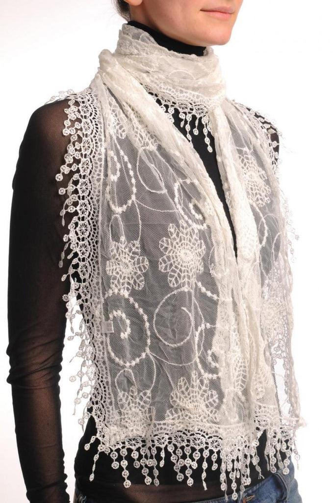 Liss Kiss White Vintage Lace With Flowers - Scarf