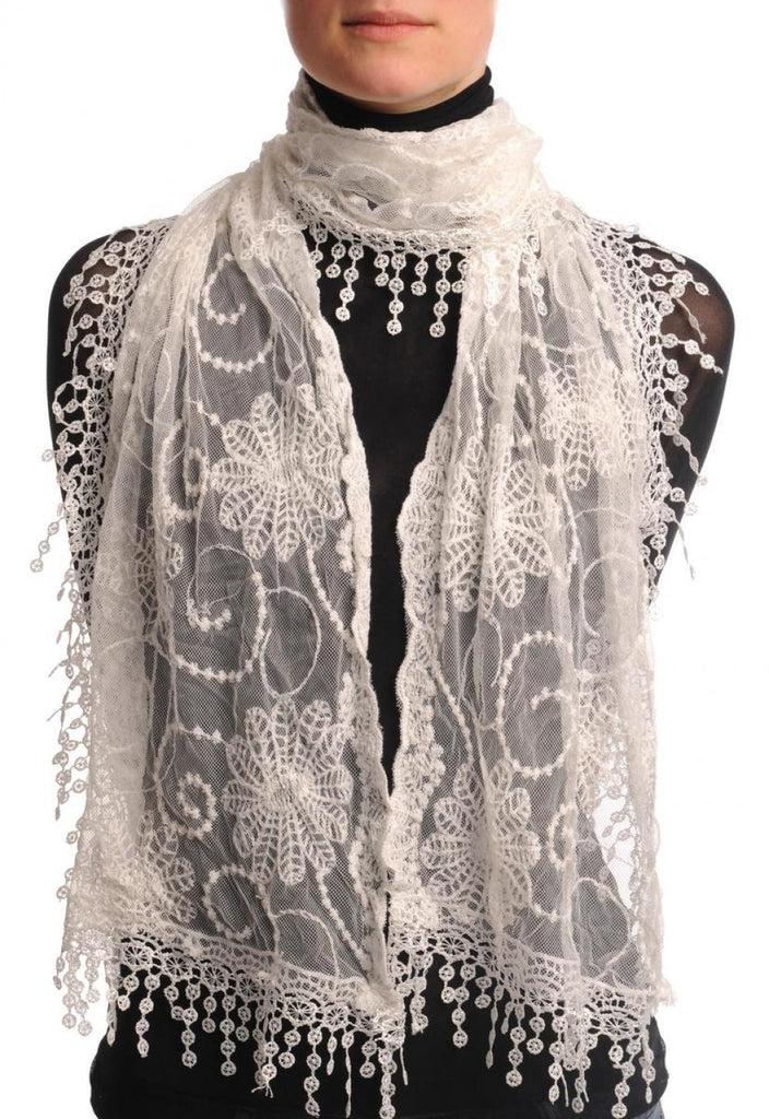 liss kiss White Vintage Lace With Flowers - Scarf
