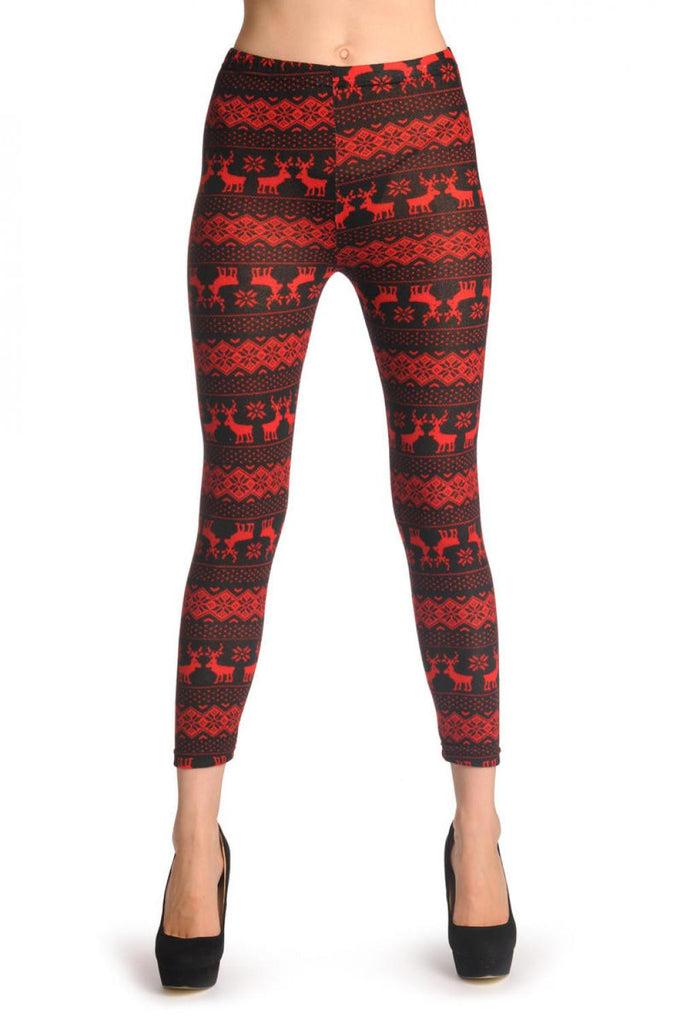 Liss Kiss Woven Black & Red Reindeers Aztec - Leggings