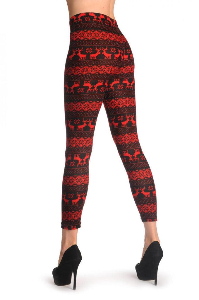 Liss Kiss Woven Black & Red Reindeers Aztec - Leggings