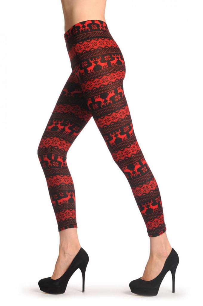 Liss Kiss Woven Black & Red Reindeers Aztec - Leggings