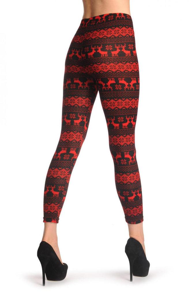 Liss Kiss Woven Black & Red Reindeers Aztec - Leggings