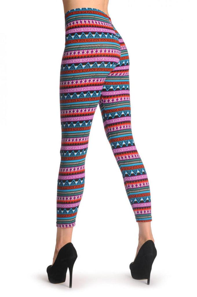 Liss Kiss Woven Blue Purple & Green Aztec - Leggings